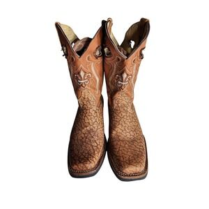 Mens Elephant Print Square Toe Western Cowboy Boots Tan Fleur-De-Lis Embroidered